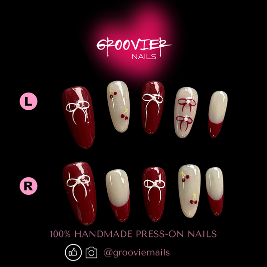 French Crimson Bow & Little Cherry Handmade Press-On Nails (K-G0034)