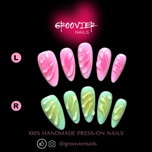 3D Pink and Green Platter Handmade Press-On Nails (K-G0104)