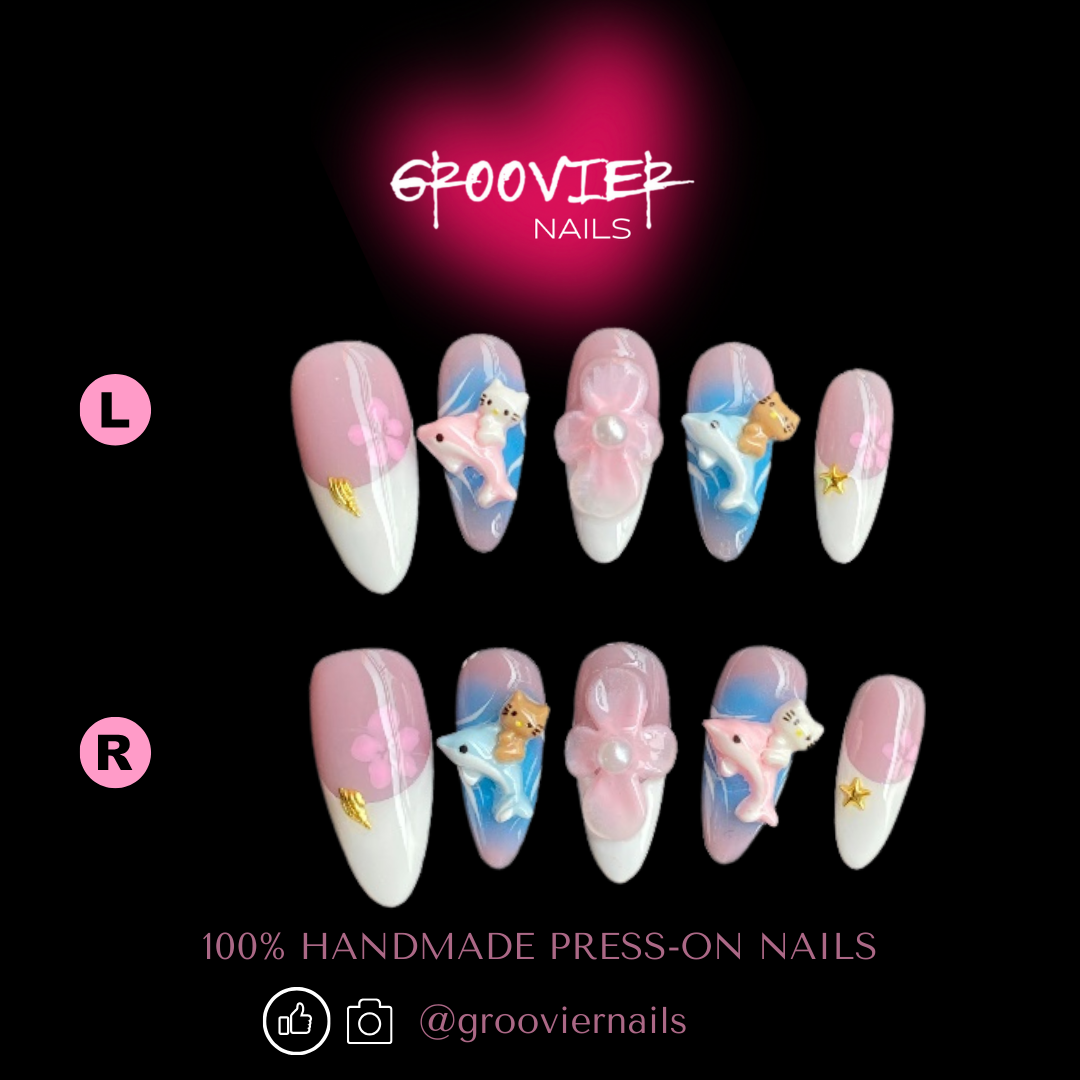 Dolphin Kitty Handmade Press-On Nails (C-E023)