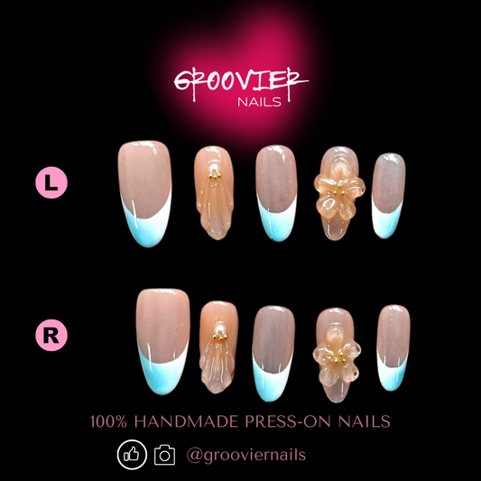 Gradient Light Blue Carved Pattern Handmade Press-On Nails (K-K039)