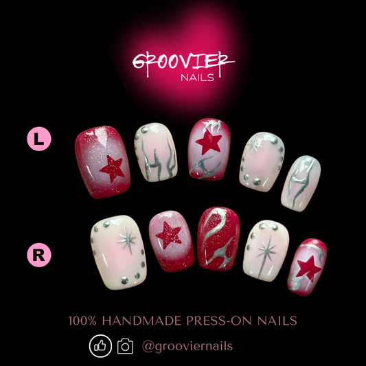 Silver Fire Star Handmade Press-On Nails (K-G0048)